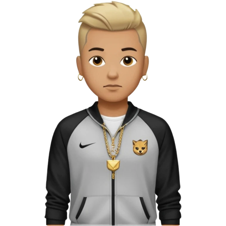 Capelli rasati ai lati con sfumatura, sopra corti e fissati con gel. Look curato e deciso. Indossa tuta firmata (Nike, Adidas, Lacoste, EA7) o jeans skinny, scarpe vistose come Air Force 1. Sempre presenti borsello a tracolla e collana d’oro E tatuaggi d’appertutto a mezzo busto emoji