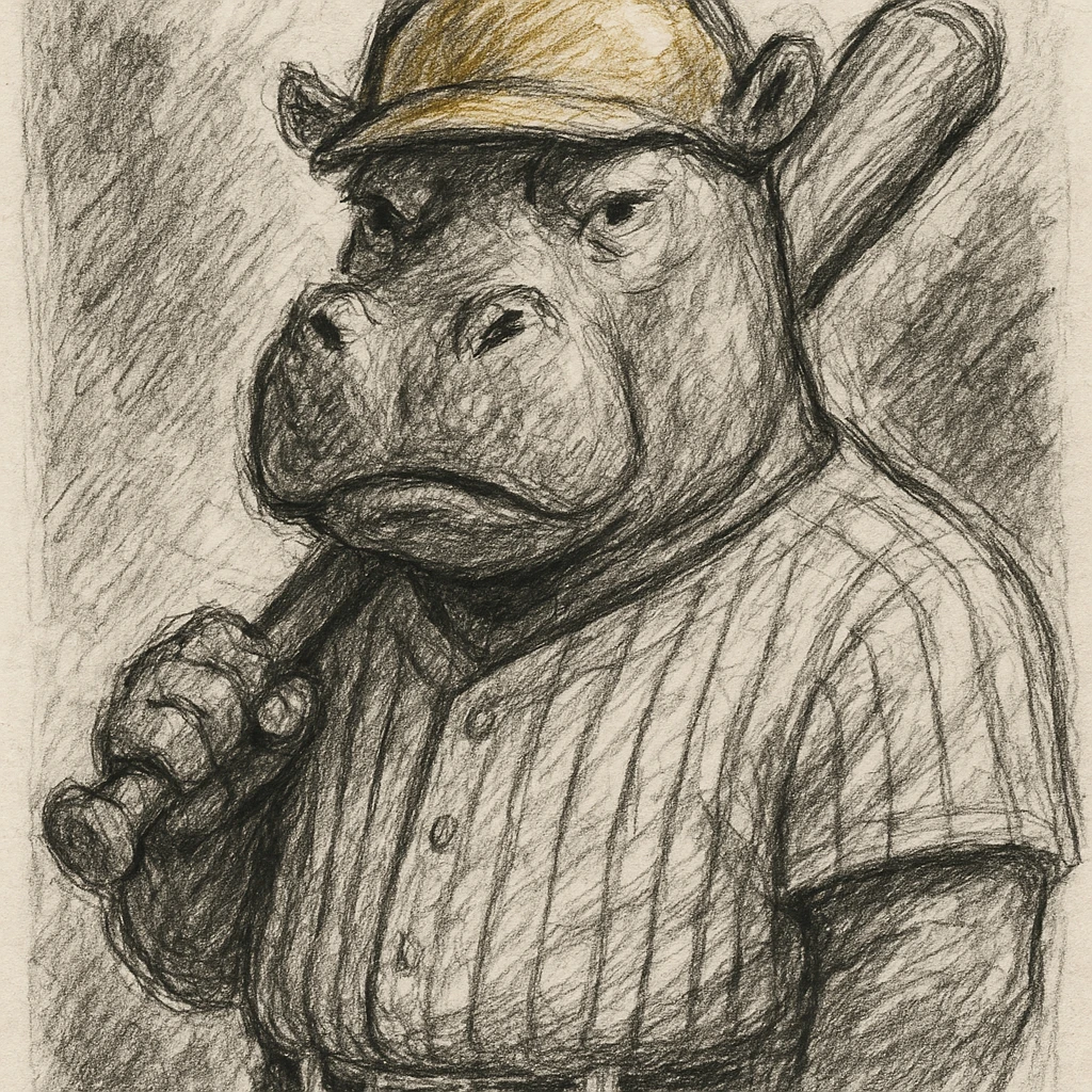 hippo holding a baseball bat, wearing a yellow helmet, pinstripes outfit emoji