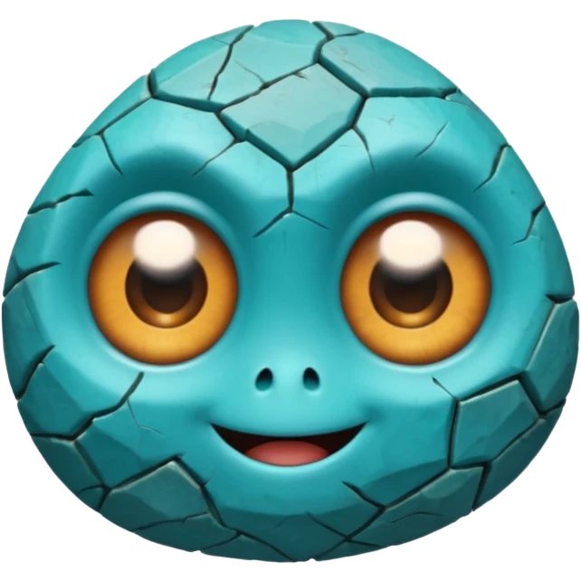 One small turquoise rock creature, rounded but still clearly a rock with cracks and facets, big expressive eyes and a shy smile, emoji