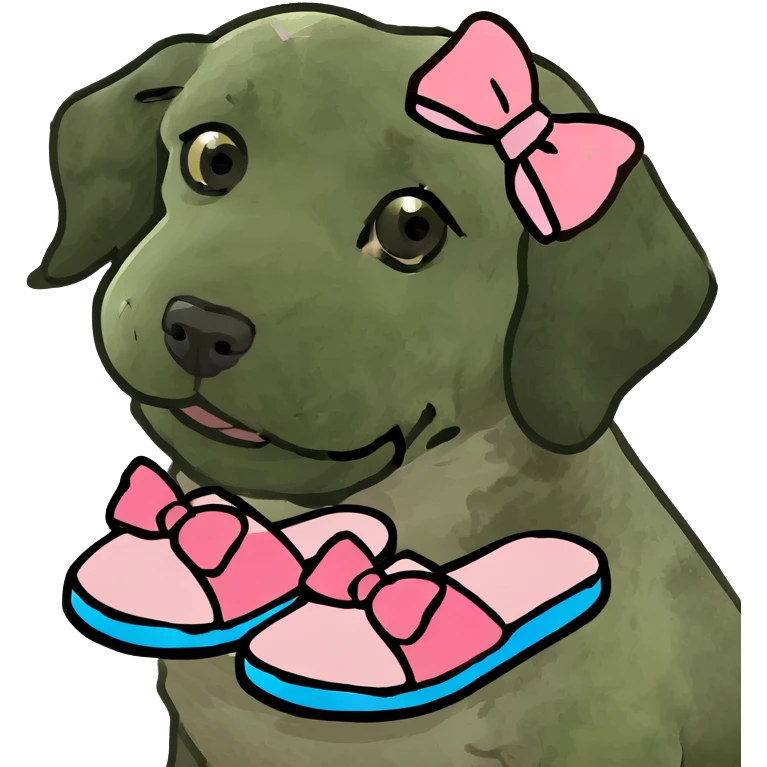 Cute labradoodle with a pink bow and cute slippers emoji