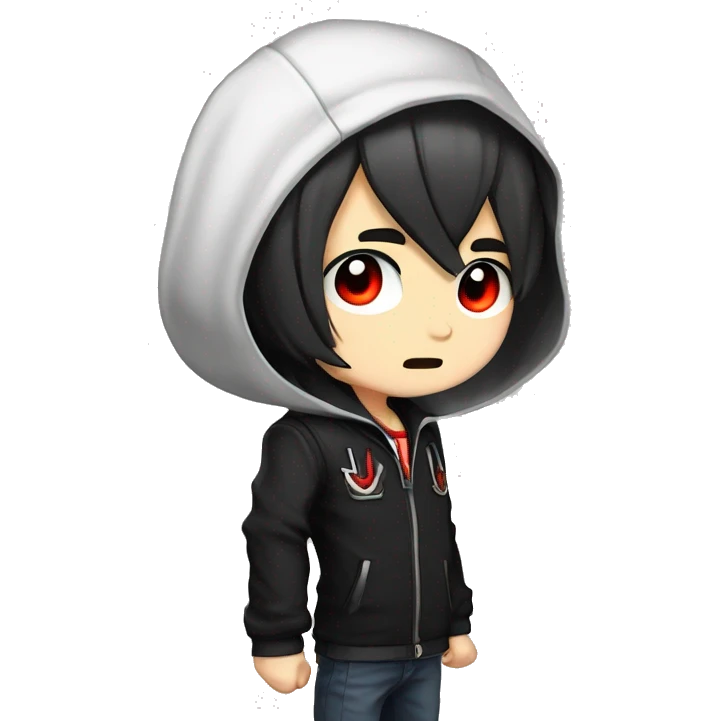 masterpiece, anime style, chibi, illustrated logo, medium short shot, twitch emote of a boy with red eyes, black hair, white locks, shoulder length hair, black jacket. emoji