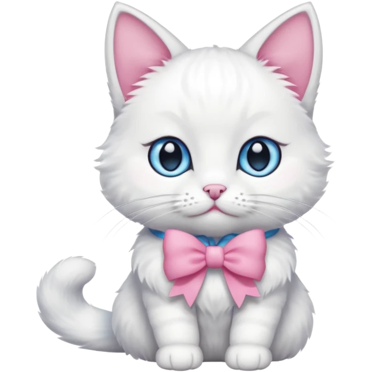 white cat sitting and she has a pink small bow on her right ear,she has blue eyes emoji