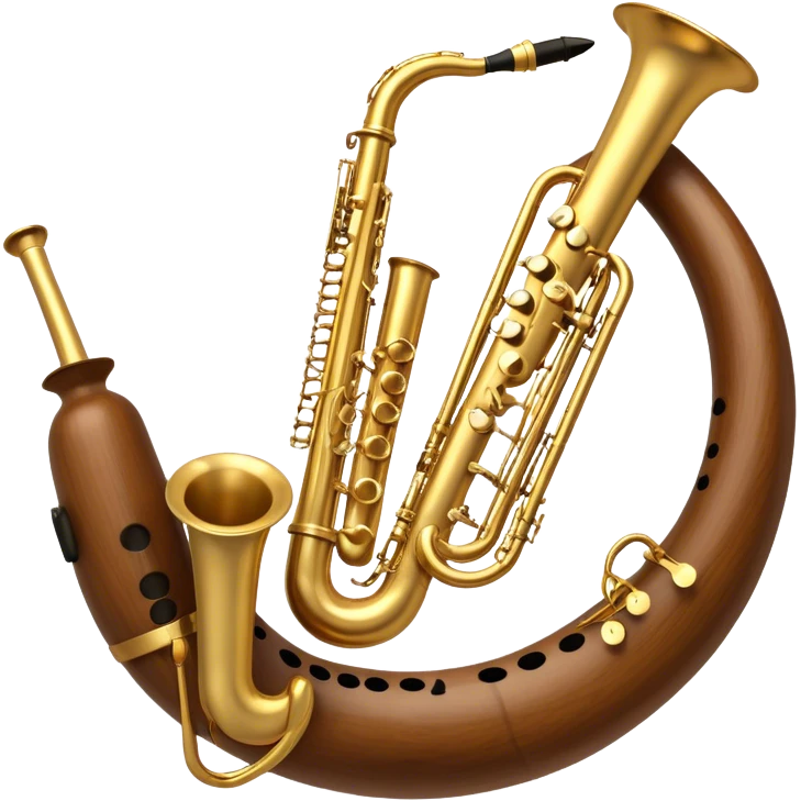 Create a balanced and harmonious emoji that represents traditional wind instruments like duduk, recorder (block flute), piccolo, and others. The design should feature these instruments arranged in a semi-circle or gentle arc to create a sense of unity. Each instrument should be visible but not overpowering, creating a harmonious composition. Add subtle musical notes flowing between the instruments to symbolize their connection through music. Use warm, earthy tones like wood brown, gold, and ivory to reflect the organic, classical feel. The background should be transparent. emoji