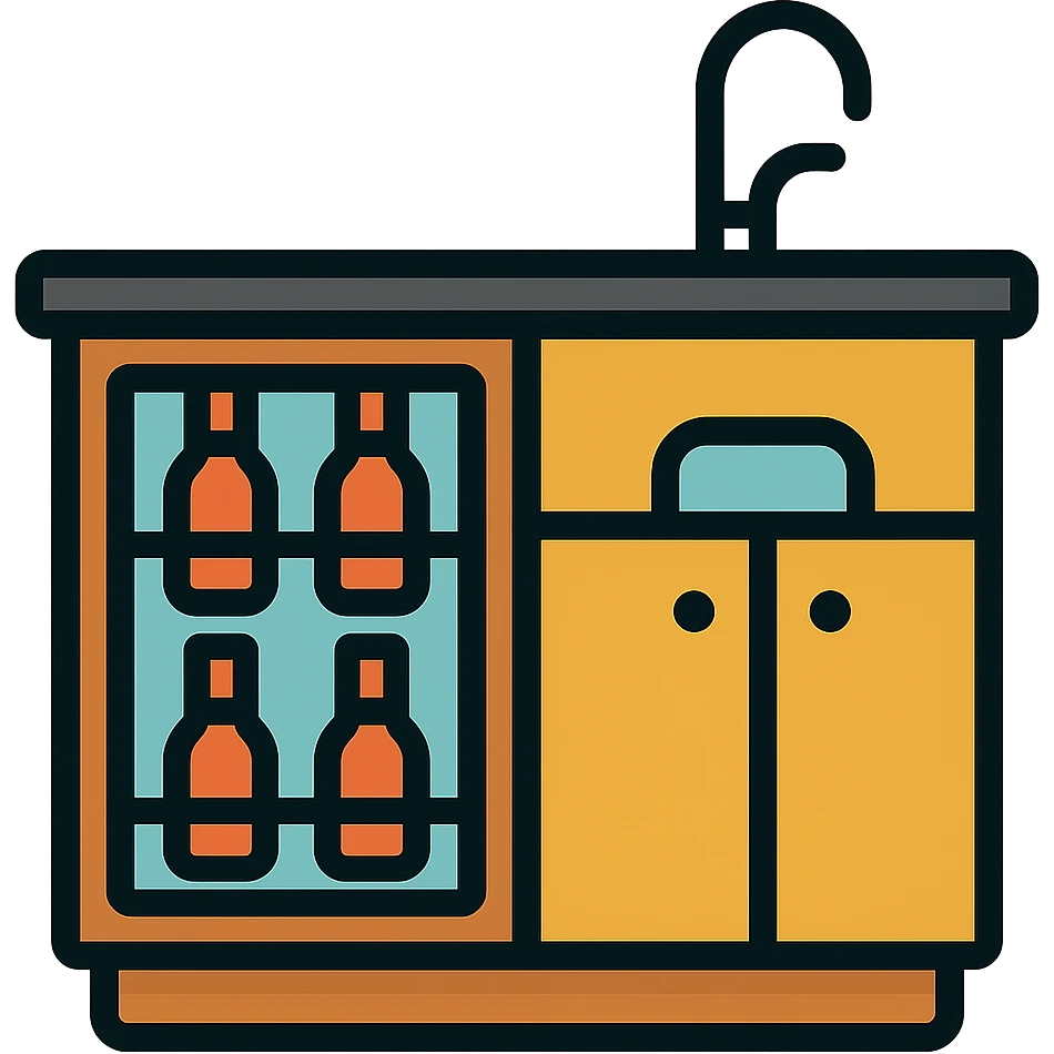 Wet bar with wine fridge and sink, wood cabinets, color outline icon style, transparent background emoji