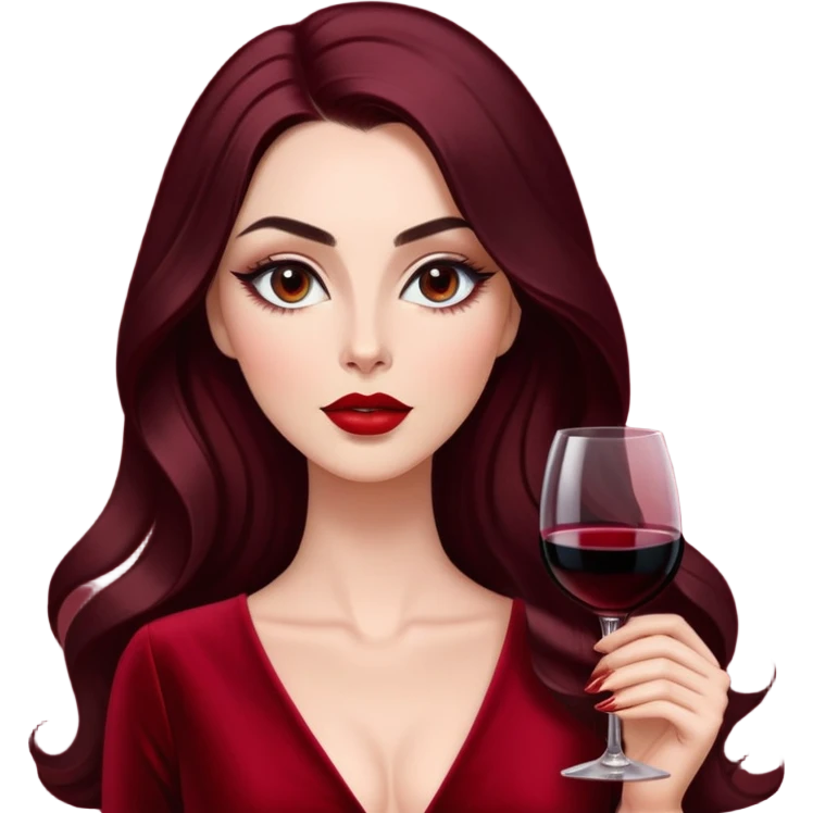 Glamorous woman with radiant fair skin, elongated face, large dark almond eyes with dramatic eyeliner, thick defined eyebrows, full red lips, long dark straight hair with soft waves at ends, wearing wine red velvet V-neck dress, confident expression emoji