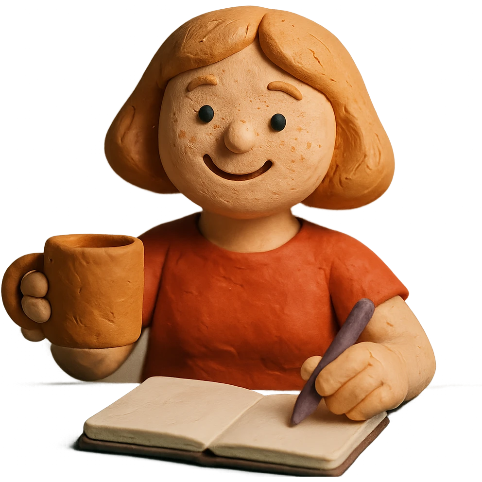 happy light-skinned female author, strawberry blonde page haircut, round face, freckles, smiling, with a coffee mug and sketchbook emoji