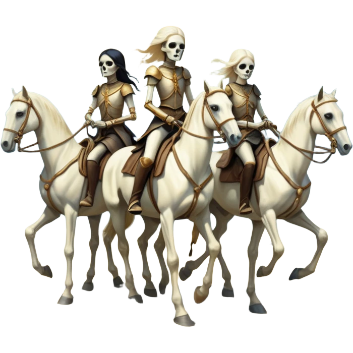aesthetic brilliant radiant divine lighting, oil paint - ivory Four thin women as riders of the Apocalypse, after a graphic by Albrecht Dürer in a desolate landscape on horse skeletons emoji
