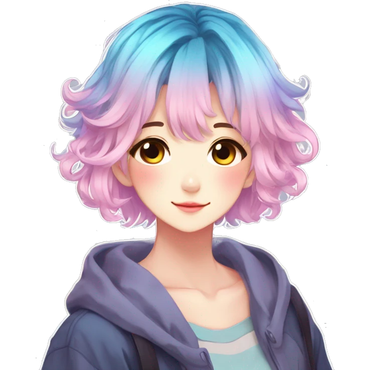 Gorgeous anime style shojo character with blushing face aesthetic and pretty colorful shiny gradient pastel hair with hair garment trending style emoji