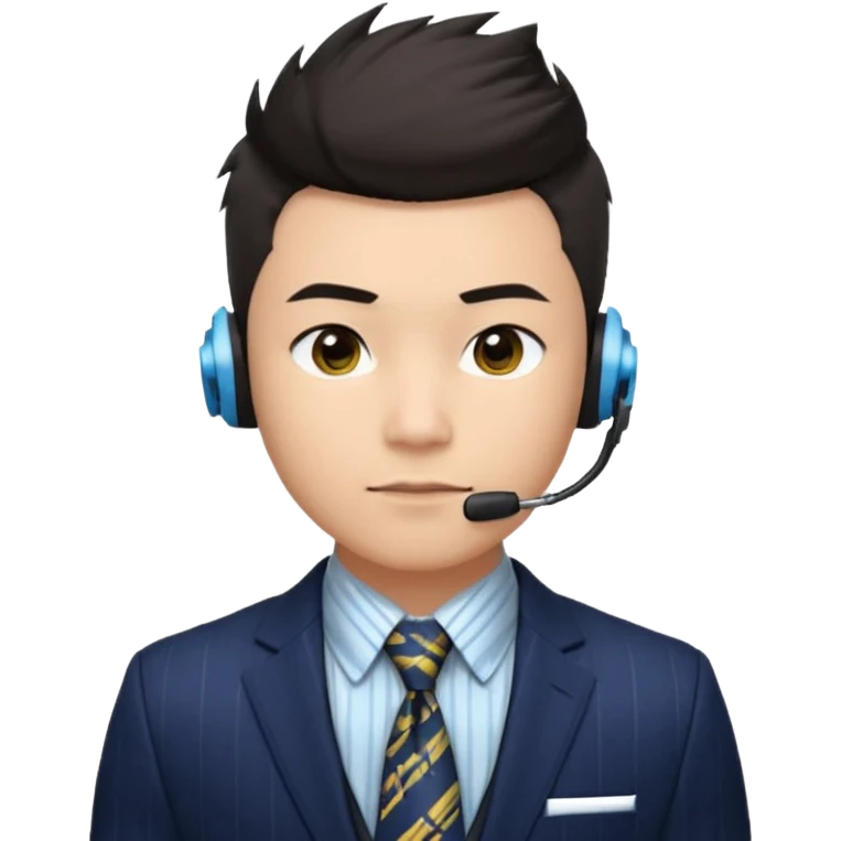 A young Asian man with light skin, short dark hair styled upward with a spiked swoop in front, a clean-shaven face, focused eyes, and a slim headset over one ear, wearing a dark pinstripe suit with a patterned dress shirt and a bright solid-colored tie visible from the chest up. emoji