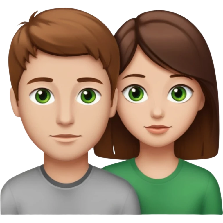A boyfriend with light brown hair and green eyes next to his girlfriend with dark brown hair and brown eyes emoji