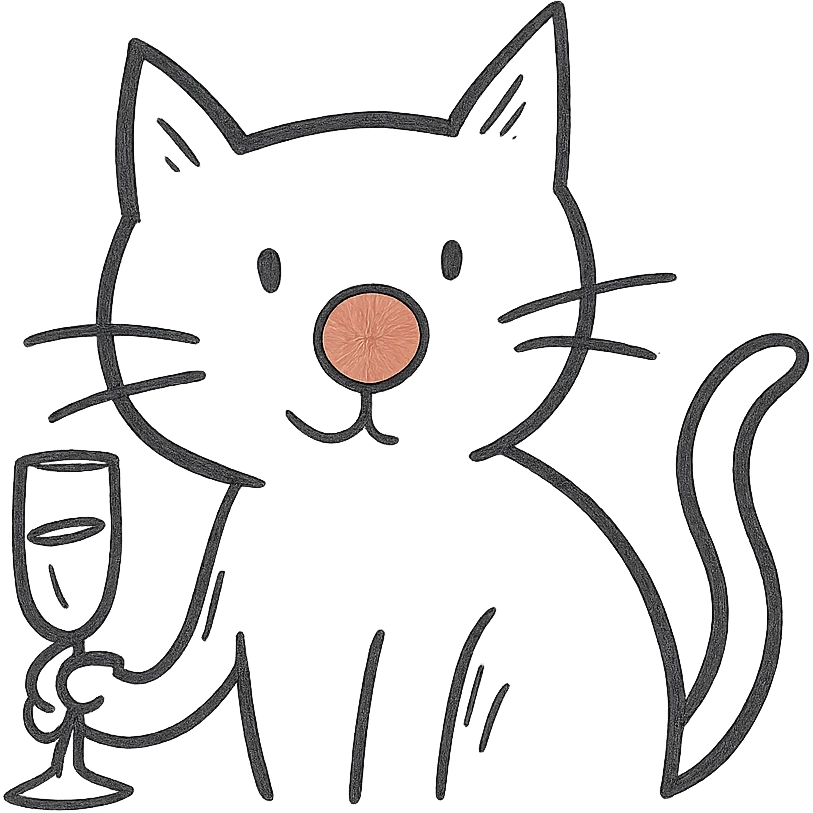 black cat with a red clown nose and a champagne glass, hand-drawn and quirky emoji