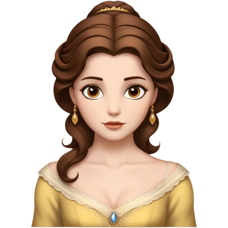 Cinematic Realistic Belle Portrait, depicted with lifelike skin texture, soft natural lighting, and intricately detailed brown hair styled elegantly. Her deep, expressive eyes exude warmth and intelligence, complemented by a serene and graceful expression. She is dressed in her classic attire, with rich fabric textures and delicate folds that catch the light beautifully. The portrait features a soft, enchanting glow with a natural, radiant finish, capturing the essence of timeless beauty in a realistic and painterly style, evoking a sense of depth and authenticity. emoji