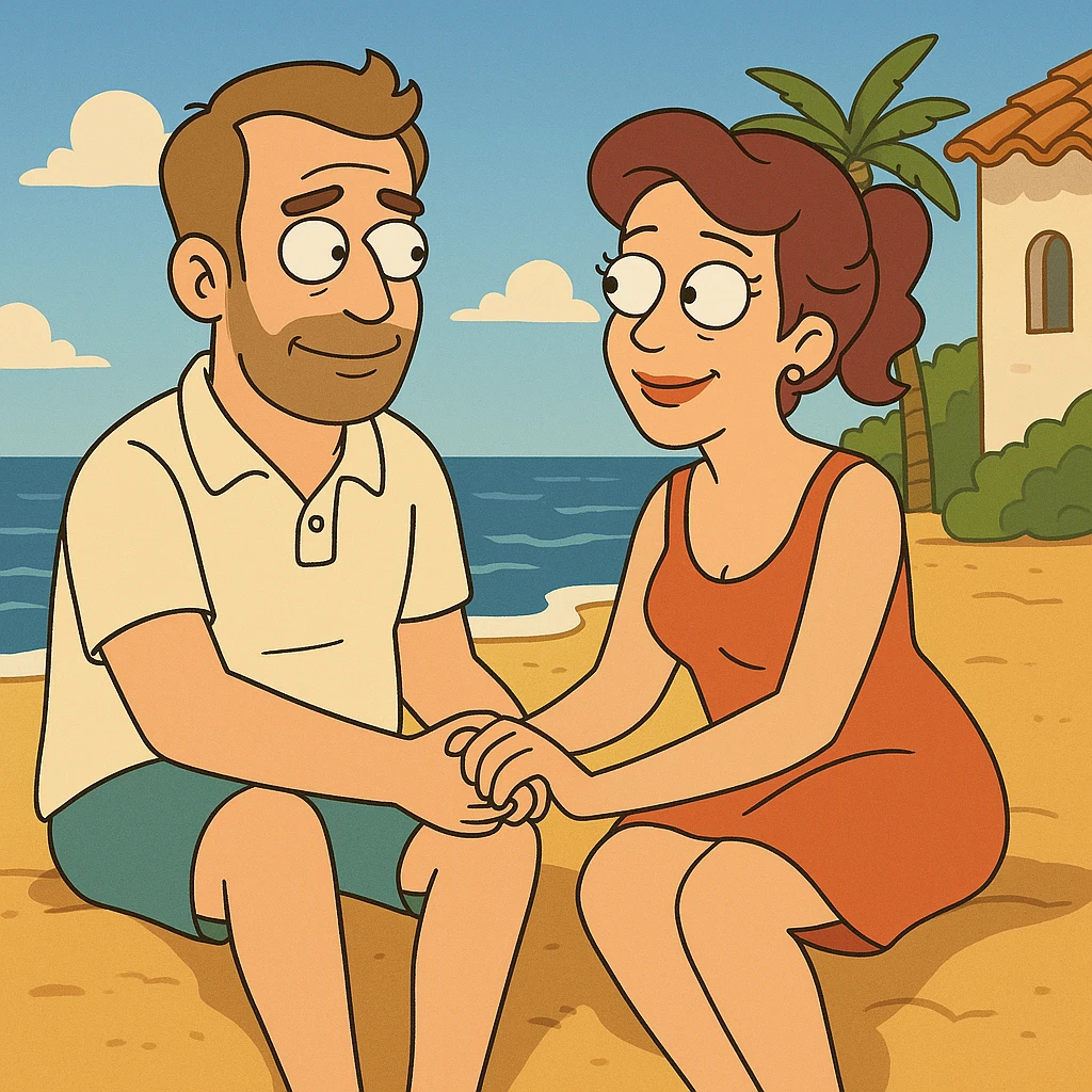 husband and wife sitting on a Spanish beach, holding hands, blue sky and ocean, warm atmosphere, cartoon style emoji