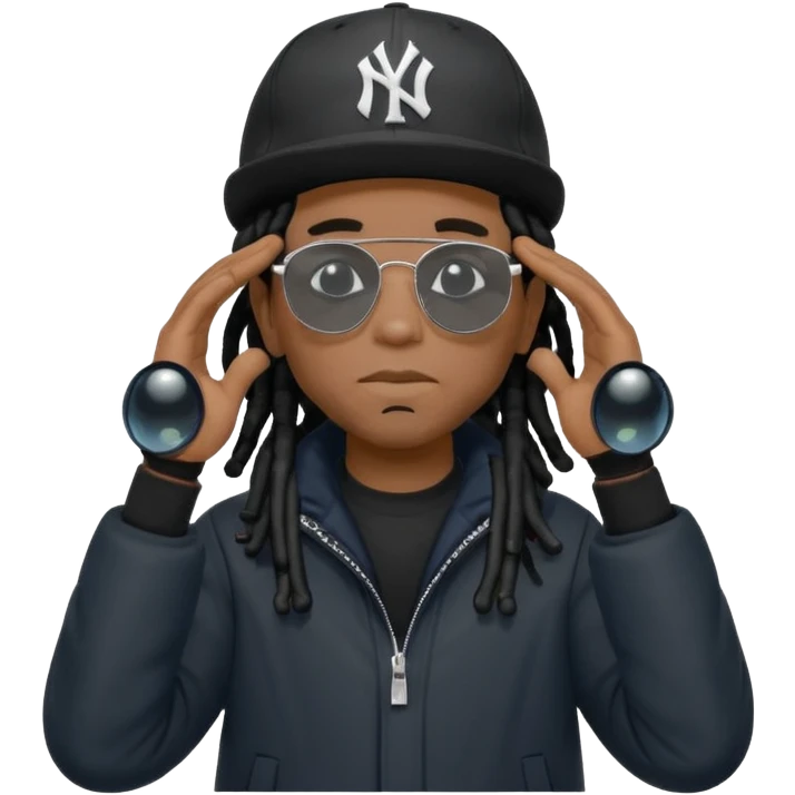 African American man with shoulder length black dreadlocks wearing black sunglasses with black bubble winter coat wearing a New York Yankees baseball hat with his hands on top of head in thinking position emoji