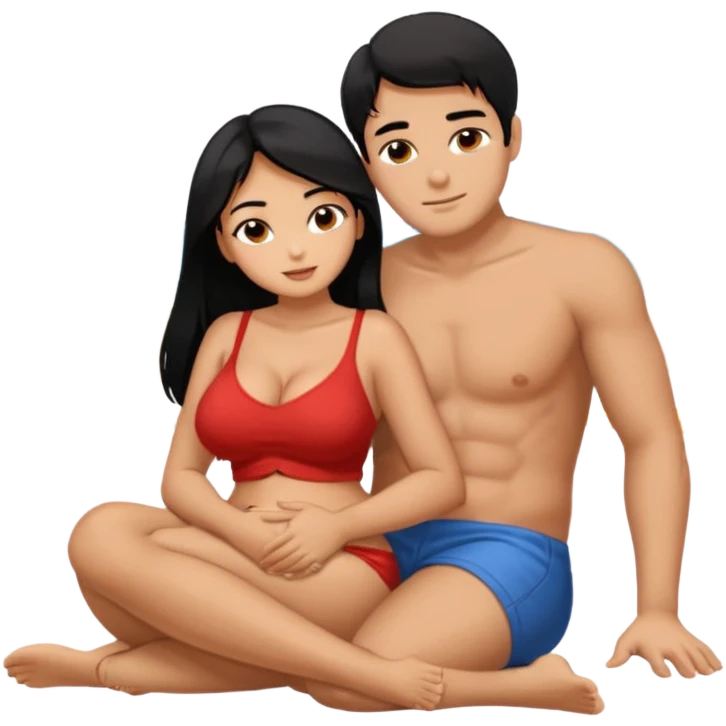 Мужчина и женщина голые в обнимку сидят на пляже, у него короткие тёмныеволосы, у неё черные длинные волосы. У неё большие сиски и большая жопа. Он по росту длинее. Стикер на пробный рост чтобы жопа была видна emoji