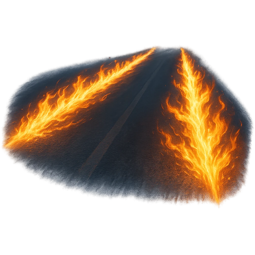 two parallel flaming tire trails on a road, inspired by the Back to the Future scene where the car disappears at 88mph, no car visible, just the fiery tracks, cinematic, dynamic, no background emoji