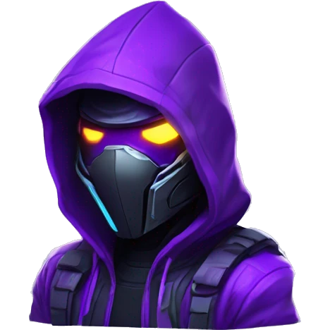 Side view developer behind his laptop with this style : crysis Cyberpunk Valorant neon glowing bright purple character purple violet black hooded assassin themed character emoji