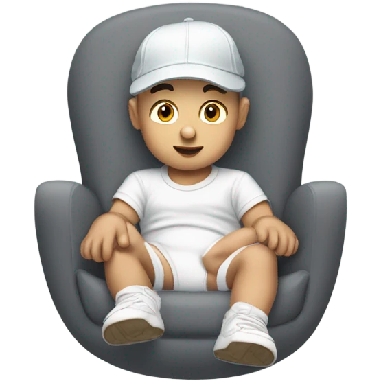 Young white man in unlabeled baseball hat rocking a white infant baby in puffy grey rocker  emoji