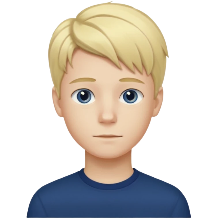 A portrait of a 14-year-old boy, he's got fair blond and yellowish ivy league hair, fair skin and blue eyes. he's wearing a dark blue longsleeve. he's calm. emoji