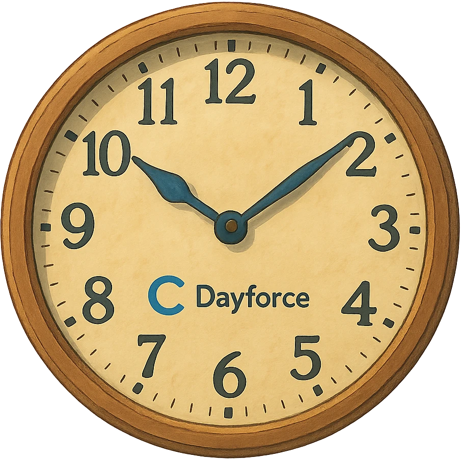 ghibli style illustration of a clock with subtle Dayforce branding emoji
