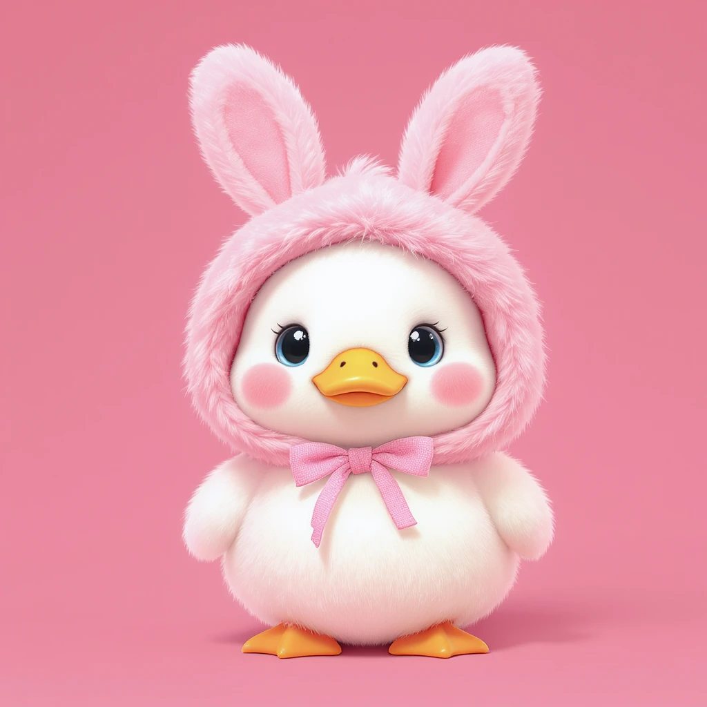 3D iOS 18 style illustration of a cute white duck wearing a fluffy pink bunny ear hood, yellow beak, pink blush on cheeks, solid pink background, inspired by reference image emoji