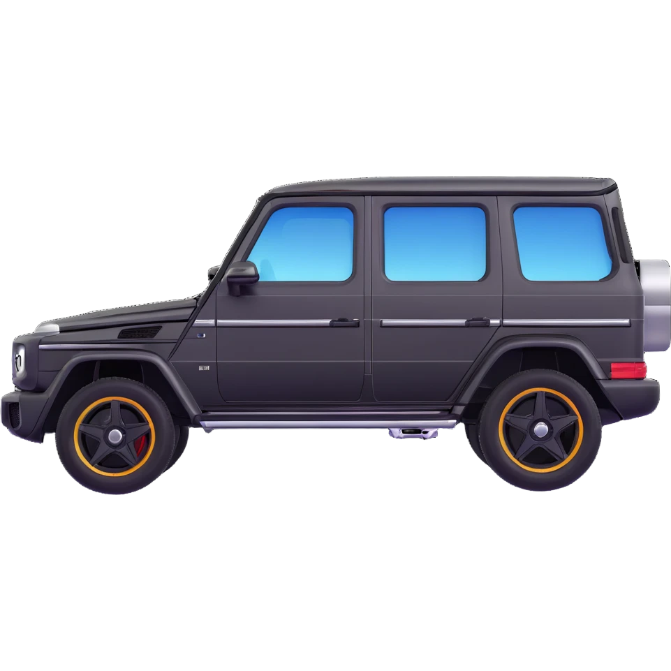 Edit the Mercedes G-Class SUV side view to be moderately minimal with only main door lines and simple wheels, in black color, in a 3D Apple emoji-like style, no background. emoji