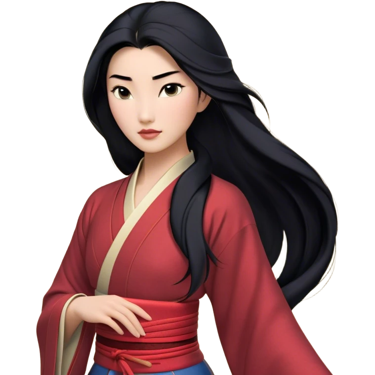 Cinematic Realistic Mulan Portrait, depicted with lifelike skin texture, soft natural lighting, and intricately detailed long black hair styled elegantly. Her deep, expressive eyes exude determination and grace, complemented by a serene yet confident expression. She is dressed in her classic attire, with rich fabric textures and delicate folds that catch the light beautifully. The portrait features a soft, enchanting glow with a natural, radiant finish, capturing the essence of timeless strength and beauty in a realistic and painterly style, evoking a sense of depth and authenticity. emoji