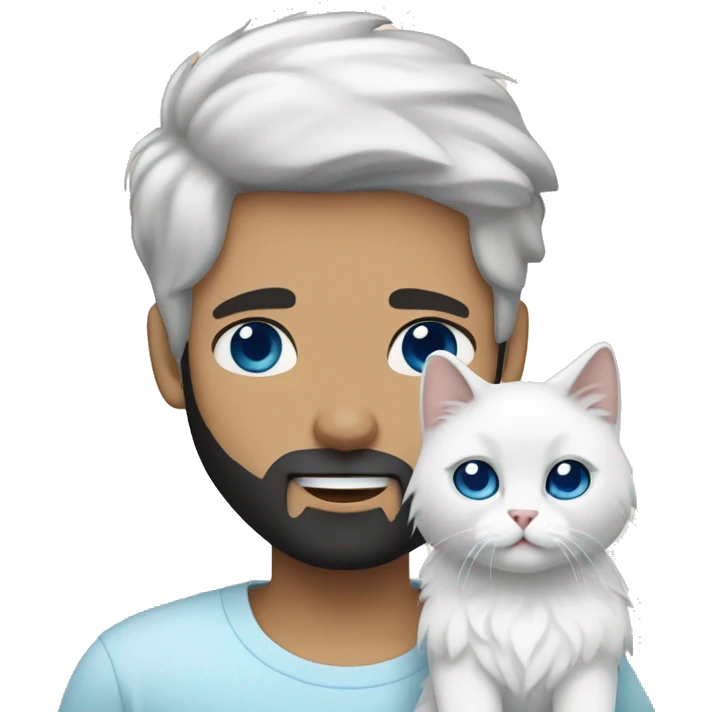 A guy with a black earing and black short hair and black beard and holding a all white Siberian cat with blue eyes  emoji