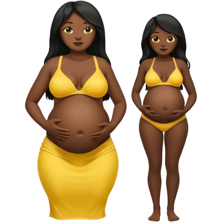 Dark black skin, african black Woman with huge pregnant belly, long hair, yellow bikini, bare midriff, full body, hand on hip. emoji