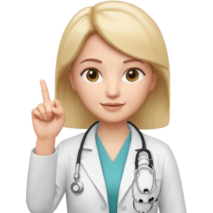 3D memoji style female doctor, white medical coat, stethoscope, raising index finger up like giving important advice, confident facial expression, slight smile, centered, transparent background, emoji