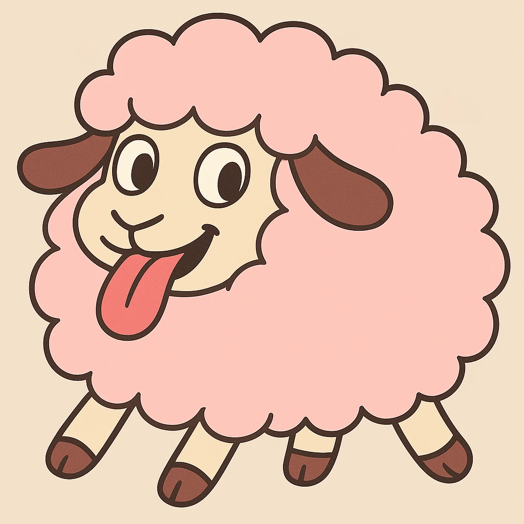 Make the pink sheep much fluffier, keep the pastel toon style and tongue out expression. emoji
