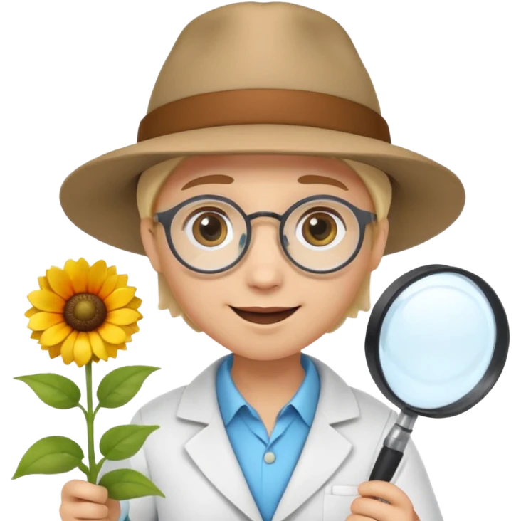 A 3D cartoon scientist wearing a hat and holding a magnifying glass close to bright flowers, curious expression, detailed Memoji-style realism.A 3D cartoon scientist wearing a hat and holding a magnifying glass close to bright flowers, curious expression, warm daylight. emoji