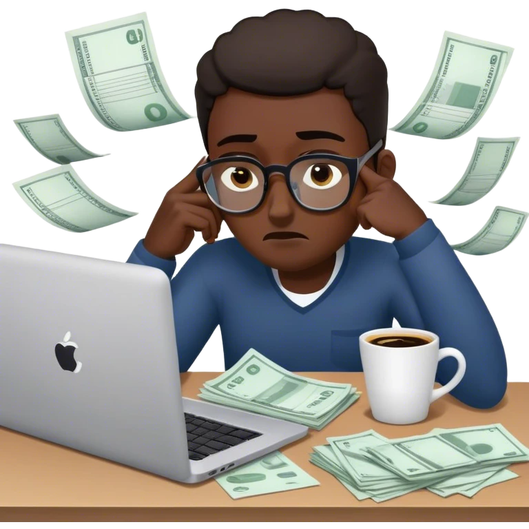 Create an emoji of a tired entrepreneur sitting at a laptop, surrounded by floating invoices and bills. The character looks exhausted, with dark circles under their eyes and a coffee cup in hand, symbolizing constant financial stress." emoji