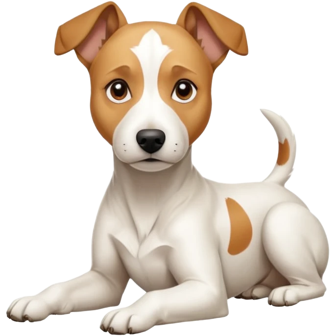 a full body facing front on of a buff white parson russell terrier looking dog the size of a kelpie with light brown long ears resting on its face and a light brown patch above one eye and a large snout. the rest of the dog is completely white.  emoji