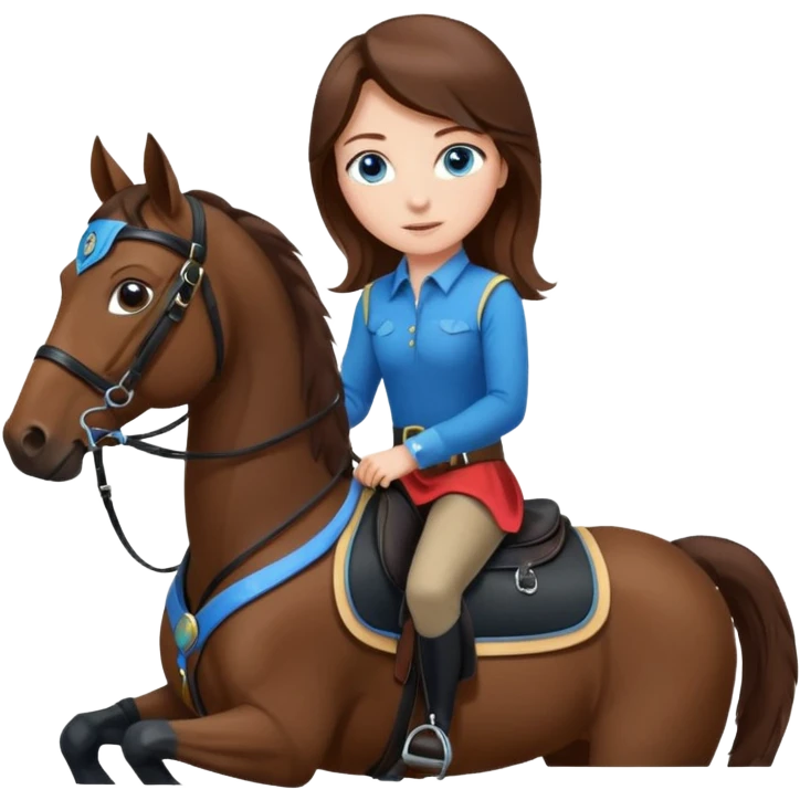 A brown hair, blue eyes girl riding a bay horse with black saddle and bridle emoji