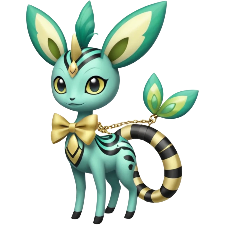 zig-zag-patterned tribal tropical hot spotted striped Meloetta-Celebi-Giratina-Noibat-Pokémon-Fakémon-fusion-hybrid-creature with a bow tie, bracelets, collars, necklaces  emoji