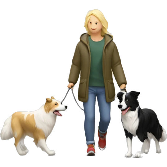 border collie dog walking with his owner walking with his blond owner emoji