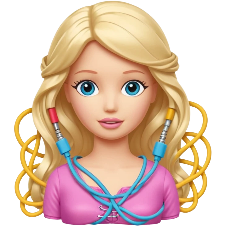 plastic barbie doll tightly bound with tangled AUX cables. emoji