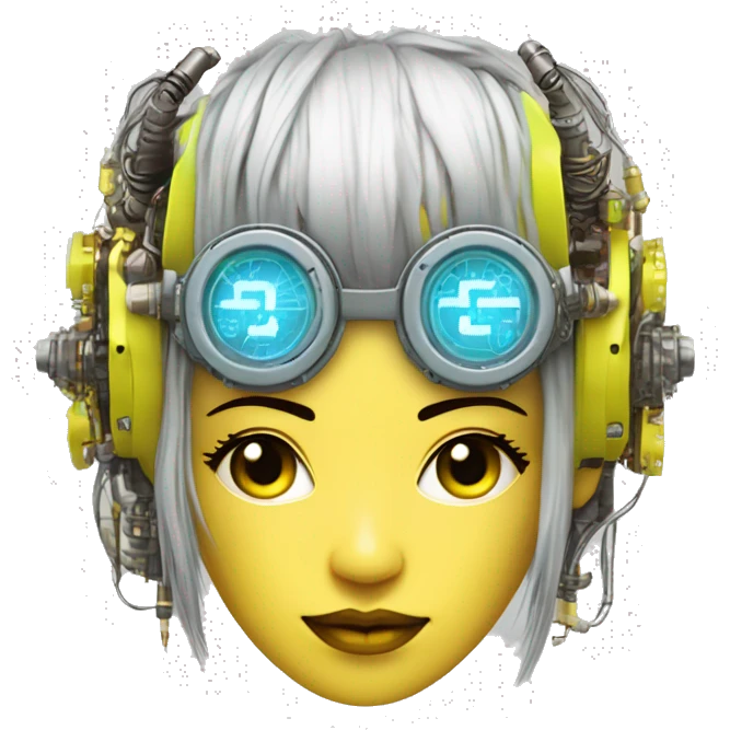 Neon yellow bobbed hair Asian female cyborg head with silver steampunk goggles and circuits emoji