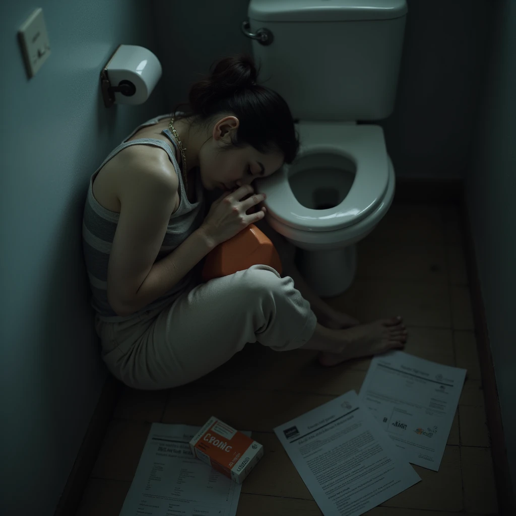 hyperrealistic 4K image of a woman curled up near the toilet, holding a hot water bottle, pale skin, dark circles, medical reports with 'Crohn' and discarded biologic drug box on the floor, dark and realistic atmosphere emoji