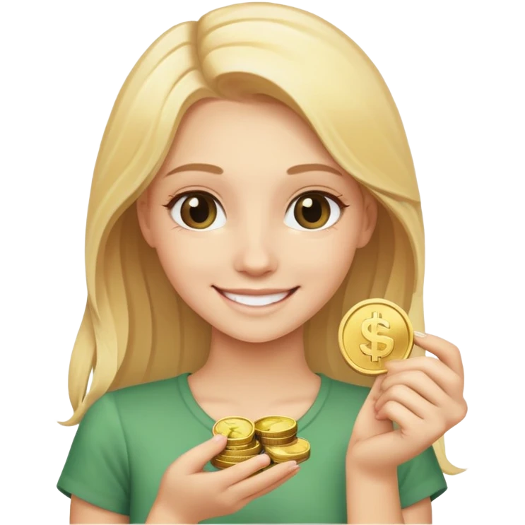 smiling blonde girl with money coins emoji