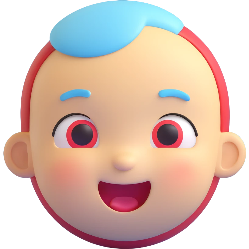 round baby blue and red face with a happy expression, Microsoft 3D Fluent style emoji