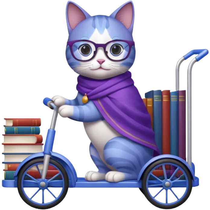 Purple and blue cat with reading glasses and a shawl, standing behind a 4 wheeled pushcart full of books emoji
