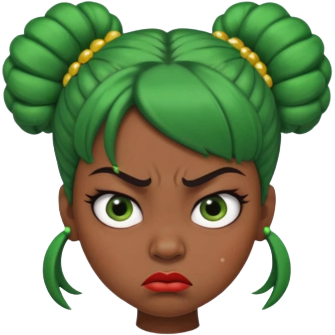 Create a 3D cartoon-style girl character with dark skin, round face, angry expression, big wide eyes, and tightly styled double buns made of green beaded hair. The girl should look irritated, eyebrows sharply angled, and lips pressed in a frown. emoji