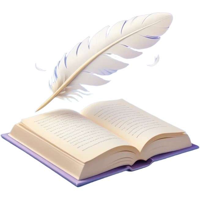 Create a delicate and poetic emoji representing poetry. The design should feature several elegantly flying pages with short poetic columns written on them. The pages should appear light and flowing, almost as if being carried by the wind. Include a white feather gently resting on the pages, symbolizing creativity and inspiration. Use soft, pastel tones like light blues, purples, and creams to give it a dreamy, artistic feel. The design should feel ethereal and whimsical, capturing the essence of poetry. Make the background transparent. emoji