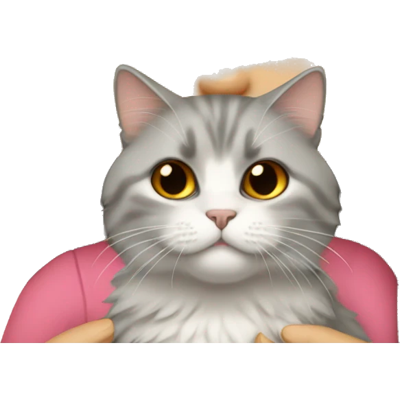 Dark brown straight hair girl holding fluffy Siberian gray cat  emoji