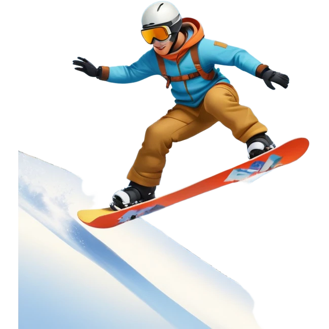 An icon showing a snowboarder performing an exciting jump on a snow-covered slope. The background features towering mountains, snow-covered trees, and a bright, clear sky. Transparent background highlights the speed, agility, and thrill of snowboarding. emoji