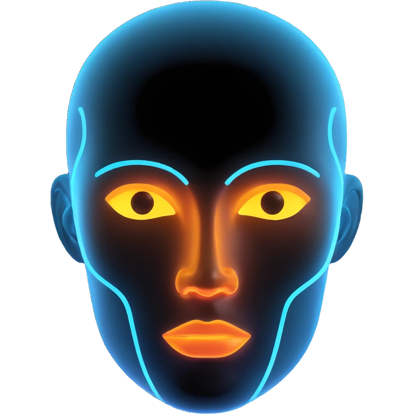 Minimalist futuristic AI avatar — clean glowing outline of a humanoid face, half-abstract with light reflections. emoji