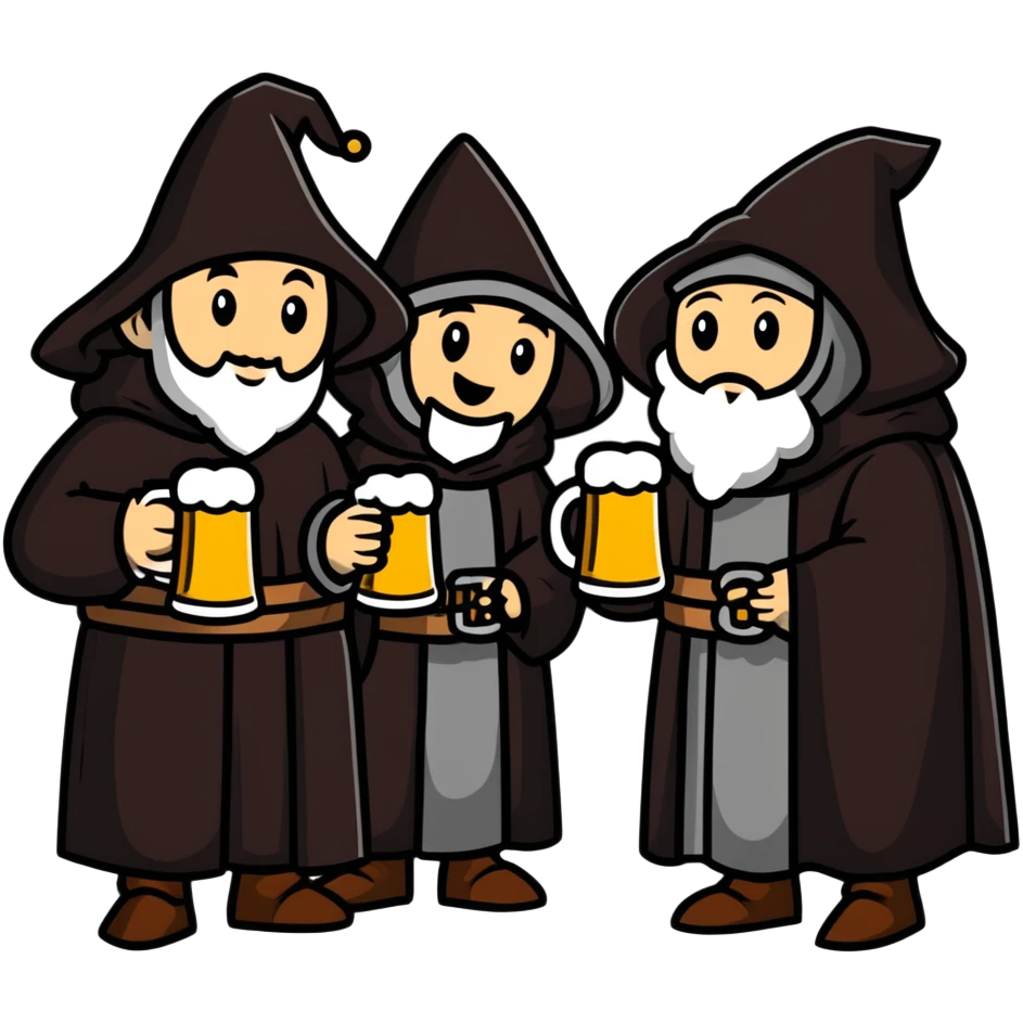 medieval pilgrims with cloaks drinking beer at a tavern emoji
