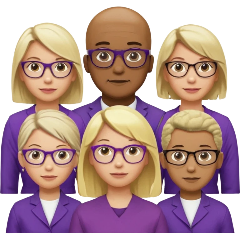 FIVE person team; 2 men and 3 women.  All dressed in yellow or purple.  
1 caucasian woman with blonde mid length hair
1 caucasian woman has ash blonde hair tied up.  
1 man is African-american and bald
1 man is caucasian and very little hair left.  
All have glasses emoji